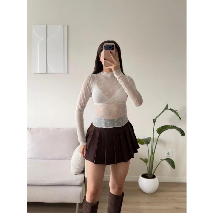 Floral Desen Tül Bluz - BEYAZ