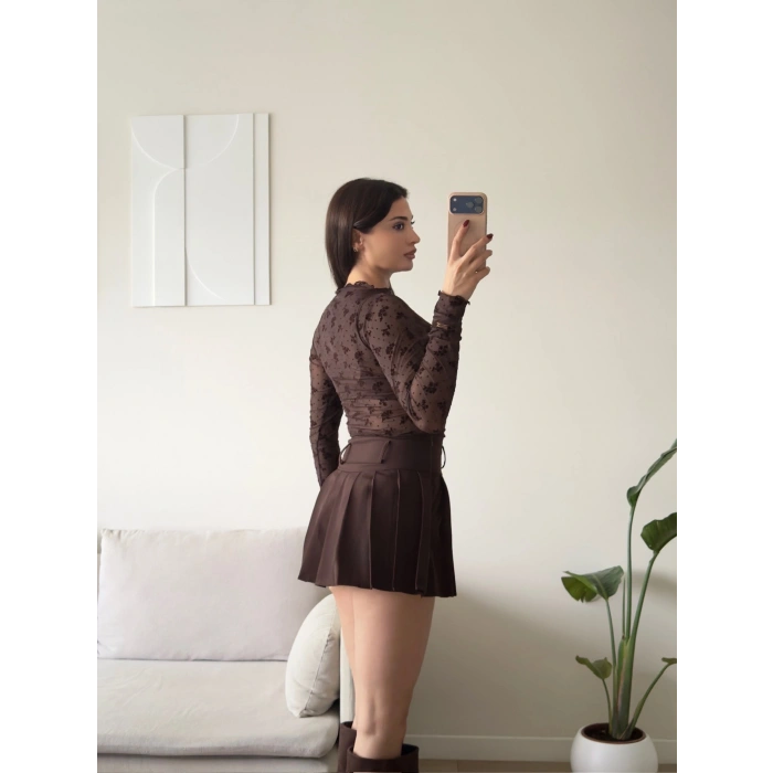 Floral Desen Tül Bluz - KAHVE