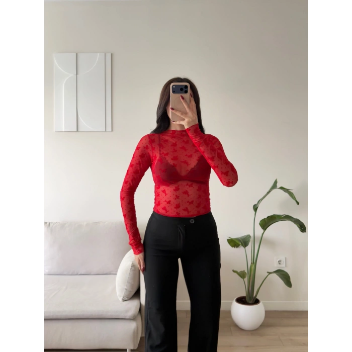 Floral Desen Tül Bluz - KIRMIZI