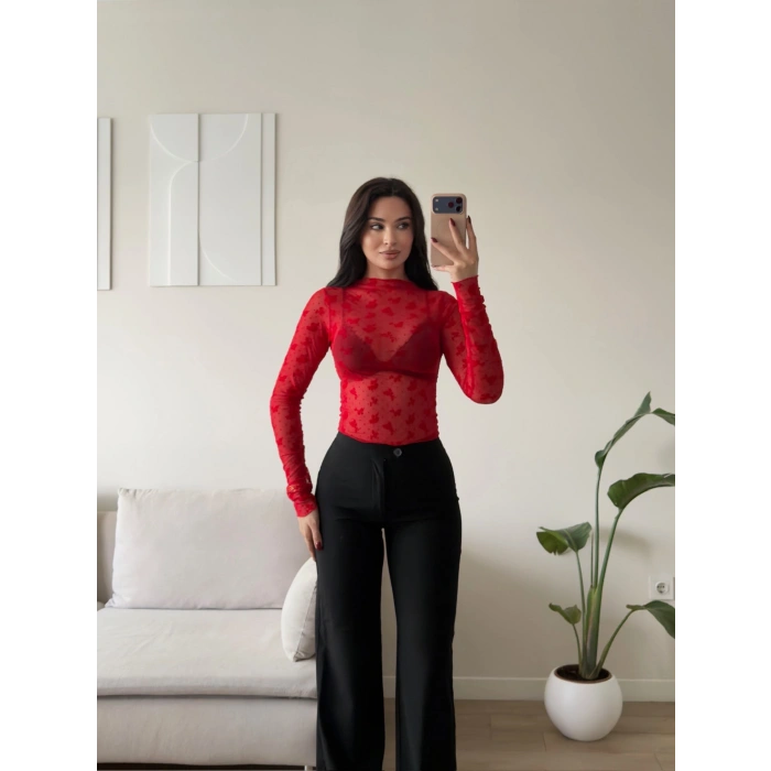 Floral Desen Tül Bluz - KIRMIZI