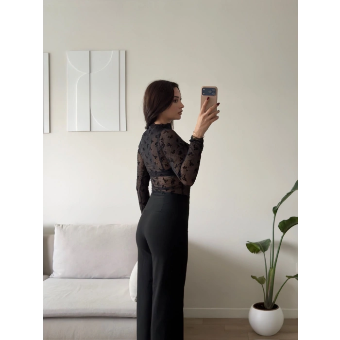 Floral Desen Tül Bluz - SİYAH