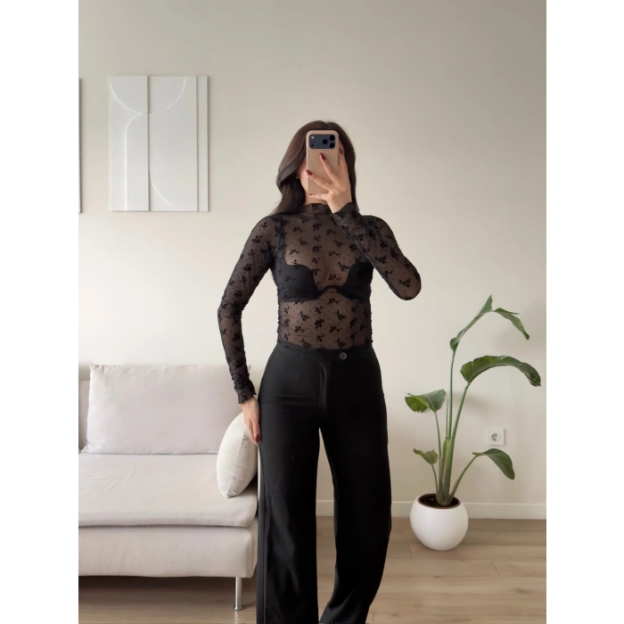Floral Desen Tül Bluz - SİYAH
