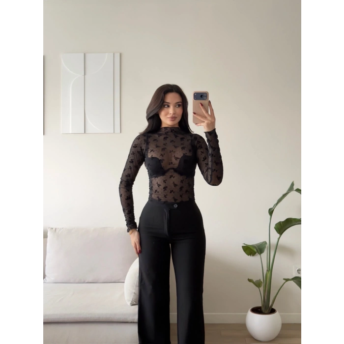 Floral Desen Tül Bluz - SİYAH