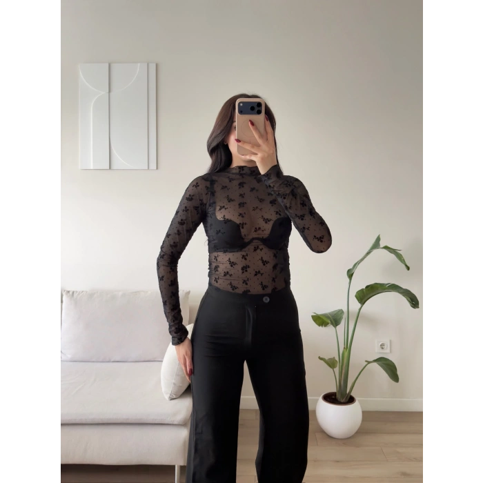 Floral Desen Tül Bluz - SİYAH