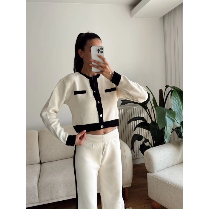 Garnili Bomber Crop & Pantolon Takım - EKRU