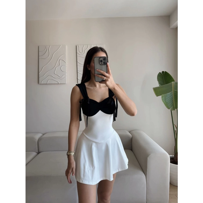 Garnili Fiyonk Mini Elbise - BEYAZ