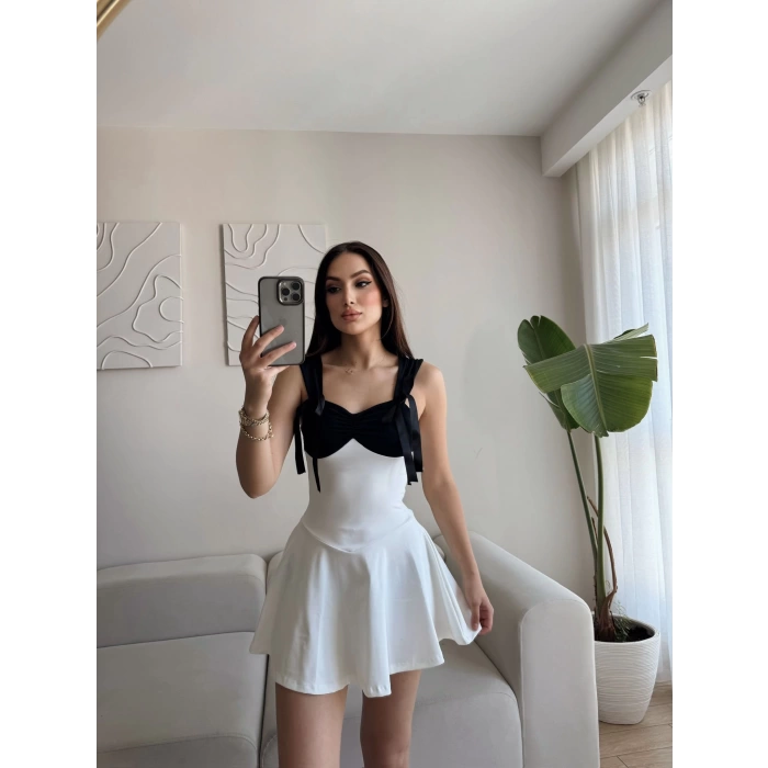 Garnili Fiyonk Mini Elbise - BEYAZ
