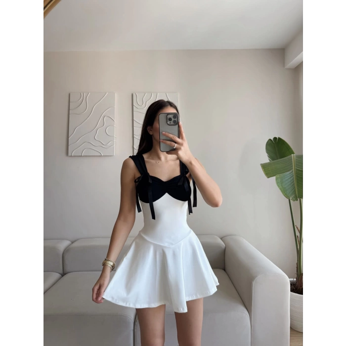 Garnili Fiyonk Mini Elbise - BEYAZ