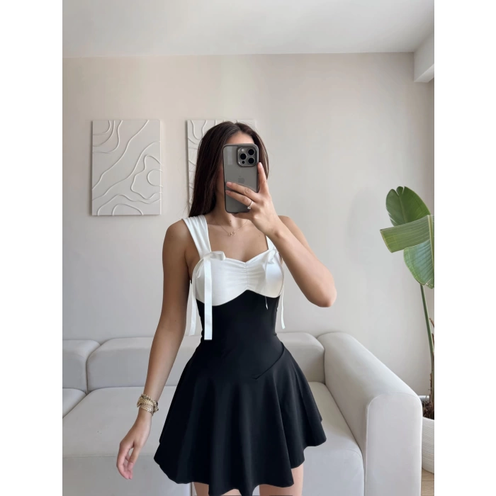 Garnili Fiyonk Mini Elbise - SİYAH