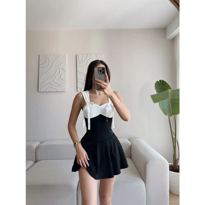 Garnili Fiyonk Mini Elbise - SİYAH