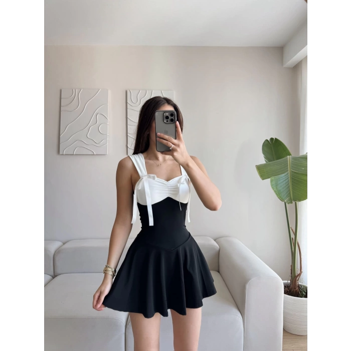 Garnili Fiyonk Mini Elbise - SİYAH