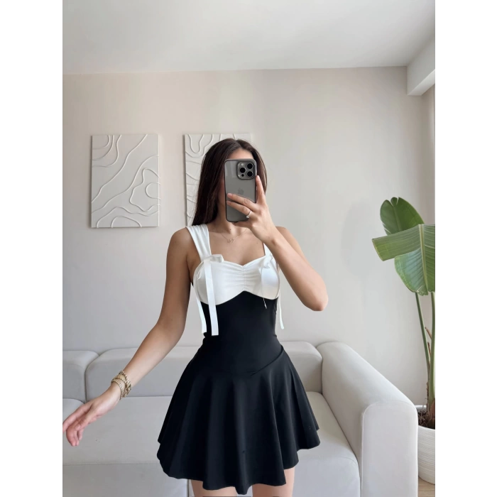 Garnili Fiyonk Mini Elbise - SİYAH