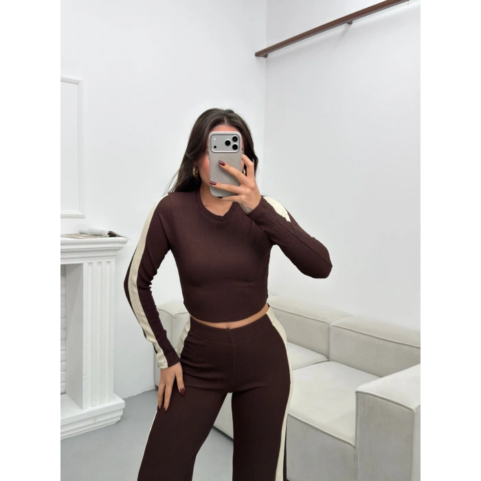 Garnili Triko Pantolon Takım - KAHVE