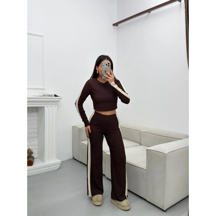 Garnili Triko Pantolon Takım - KAHVE