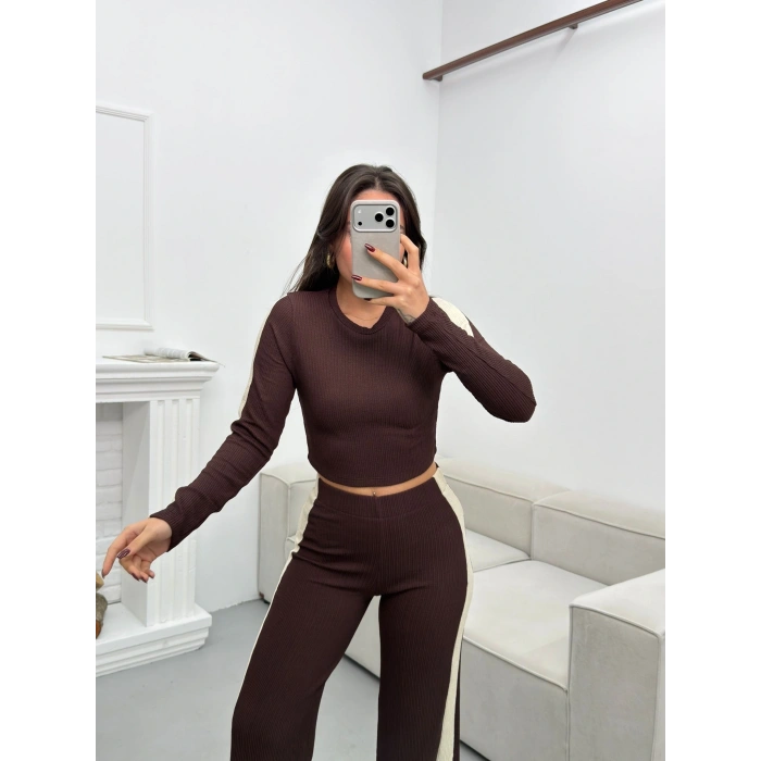 Garnili Triko Pantolon Takım - KAHVE