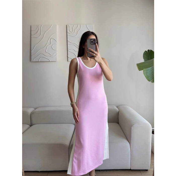 Garnili Yan Yırtmaç Elbise - PEMBE
