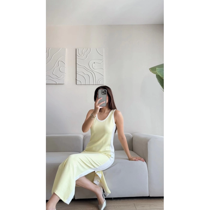 Garnili Yan Yırtmaç Elbise - SARI