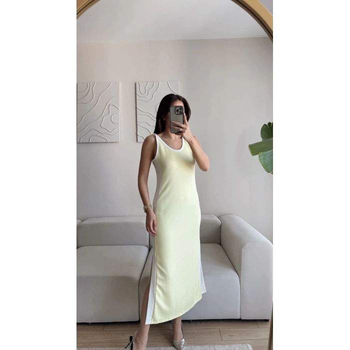 Garnili Yan Yırtmaç Elbise - SARI