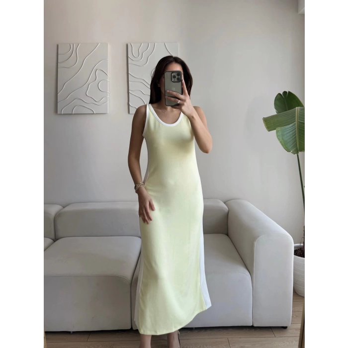 Garnili Yan Yırtmaç Elbise - SARI