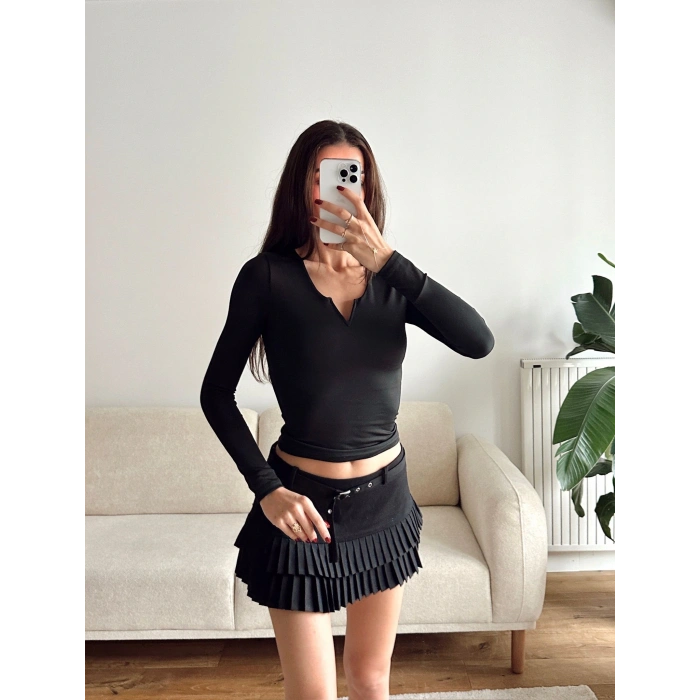 V Detay Sandy Bluz - SİYAH