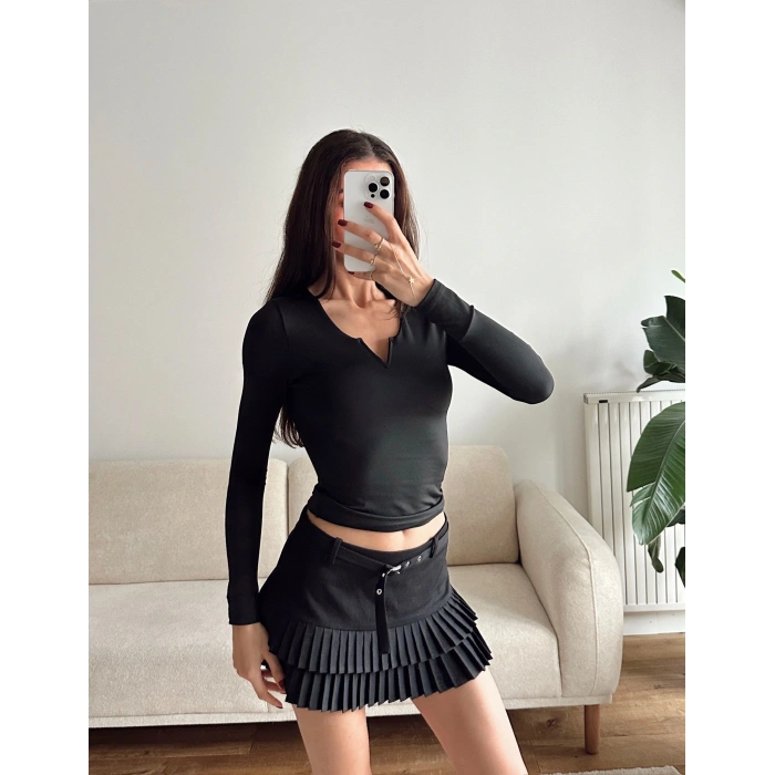 V Detay Sandy Bluz - SİYAH