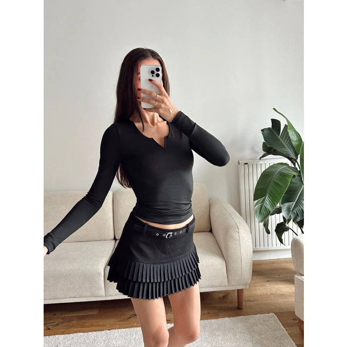 V Detay Sandy Bluz - SİYAH