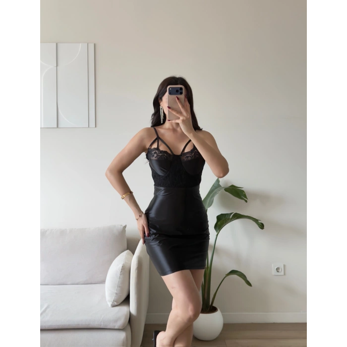 Gloplu Korse Dantel Mini Elbise - SİYAH