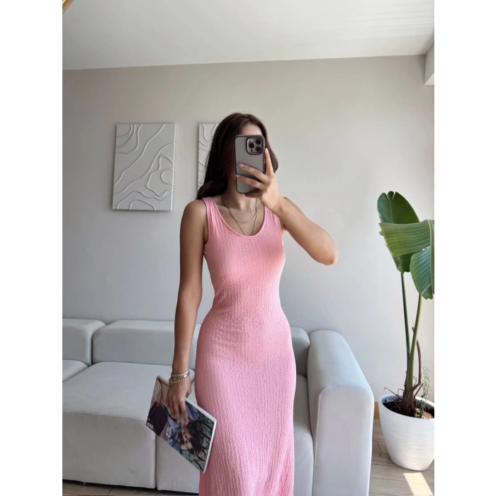 Gofre Basic Long Elbise - PEMBE