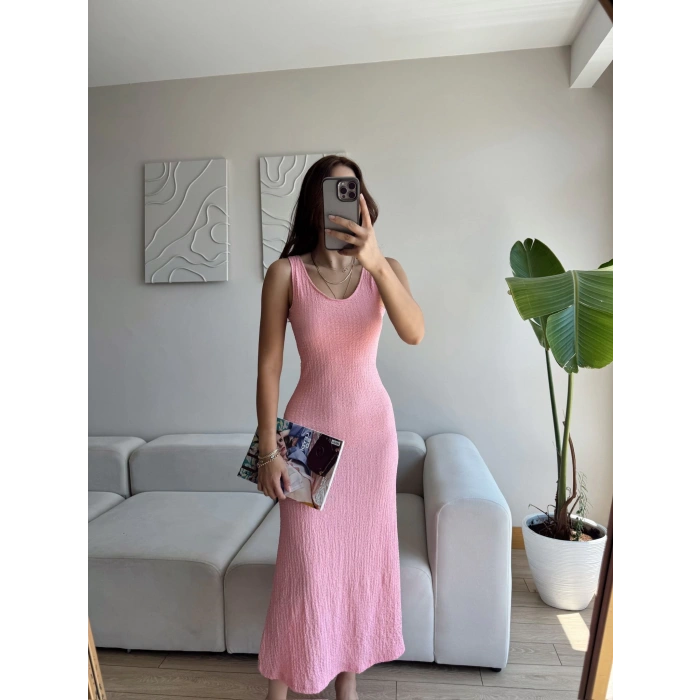 Gofre Basic Long Elbise - PEMBE