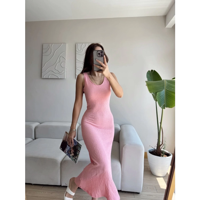 Gofre Basic Long Elbise - PEMBE