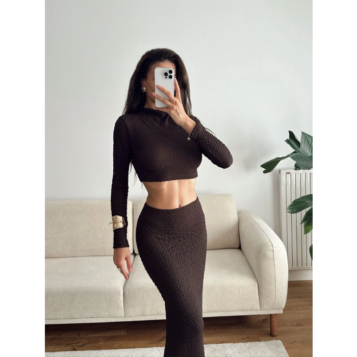Gofre Crop & Etekli Takım - KAHVE