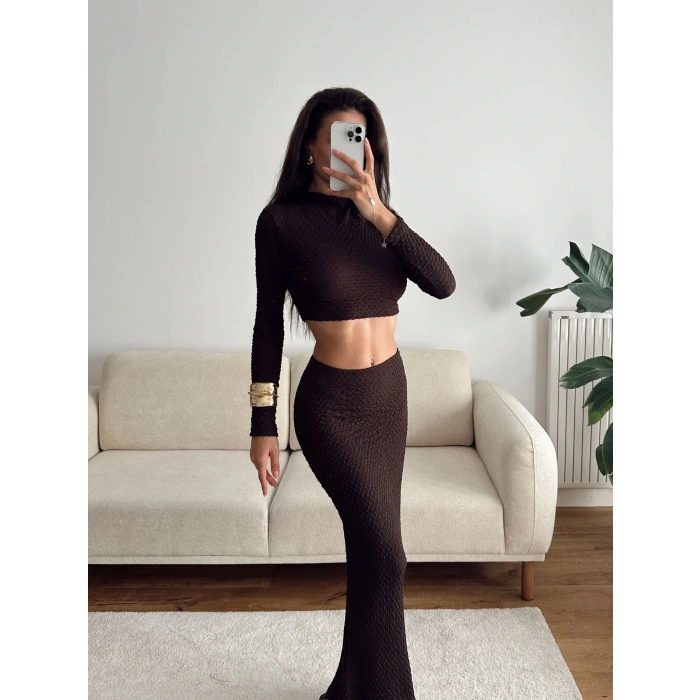 Gofre Crop & Etekli Takım - KAHVE