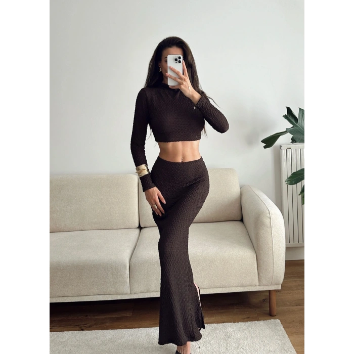 Gofre Crop & Etekli Takım - KAHVE