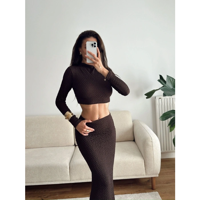 Gofre Crop & Etekli Takım - KAHVE