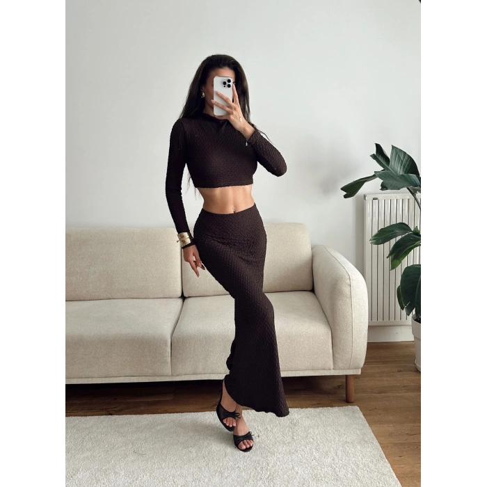Gofre Crop & Etekli Takım - KAHVE