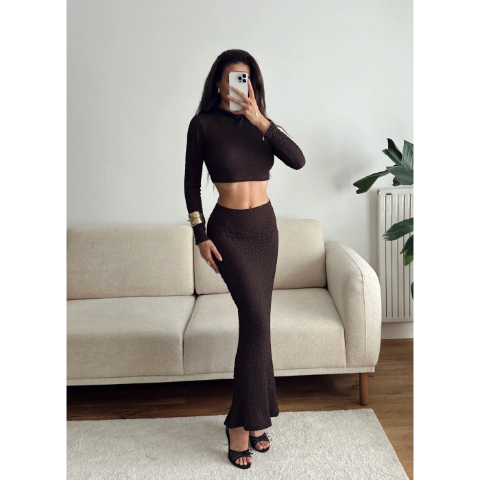 Gofre Crop & Etekli Takım - KAHVE