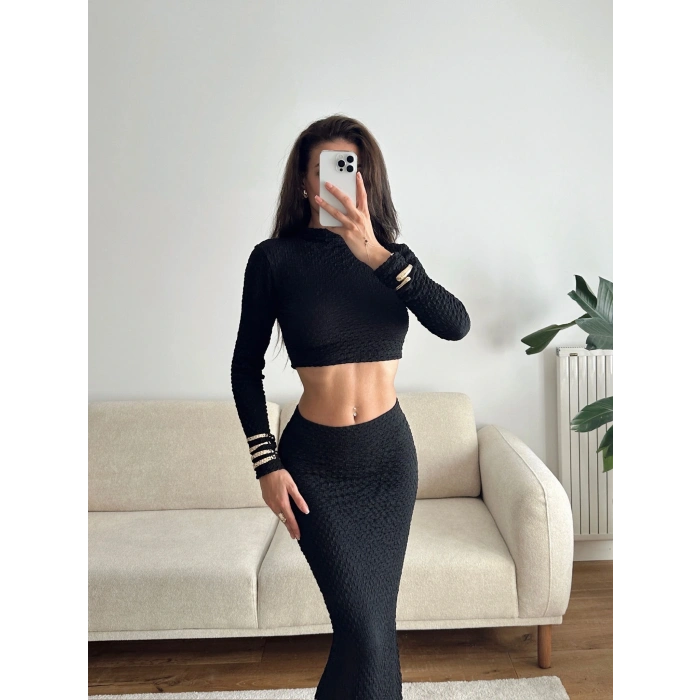 Gofre Crop & Etekli Takım - SİYAH