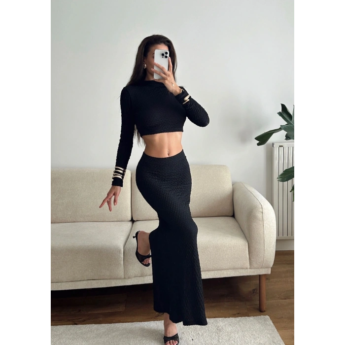 Gofre Crop & Etekli Takım - SİYAH