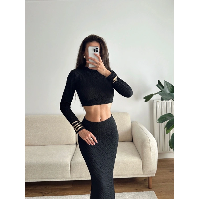 Gofre Crop & Etekli Takım - SİYAH