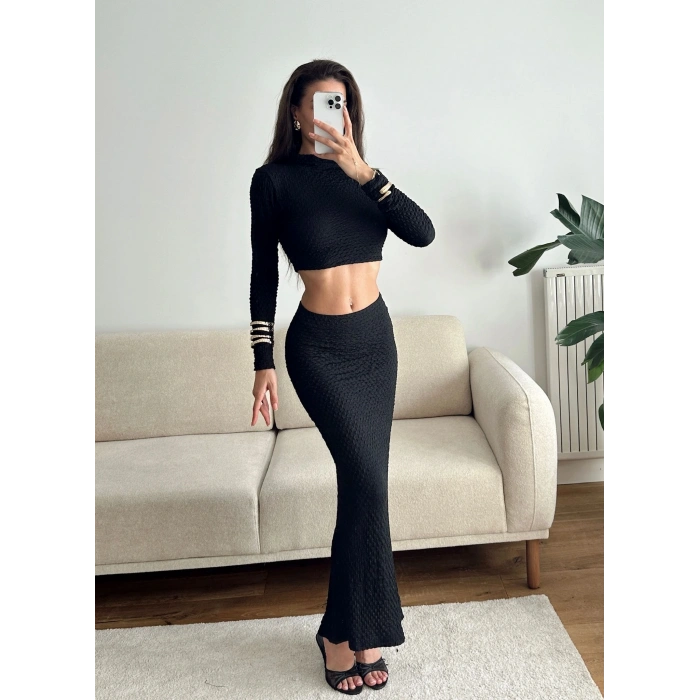 Gofre Crop & Etekli Takım - SİYAH