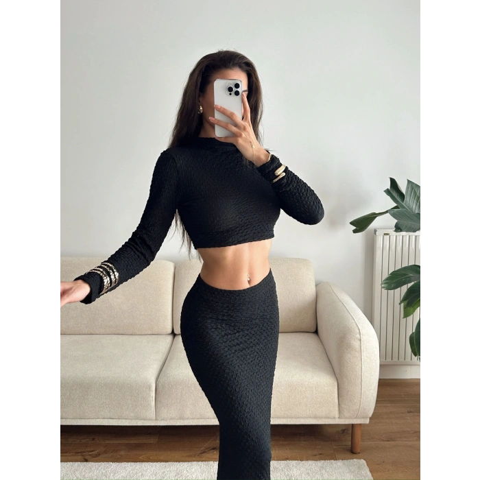 Gofre Crop & Etekli Takım - SİYAH