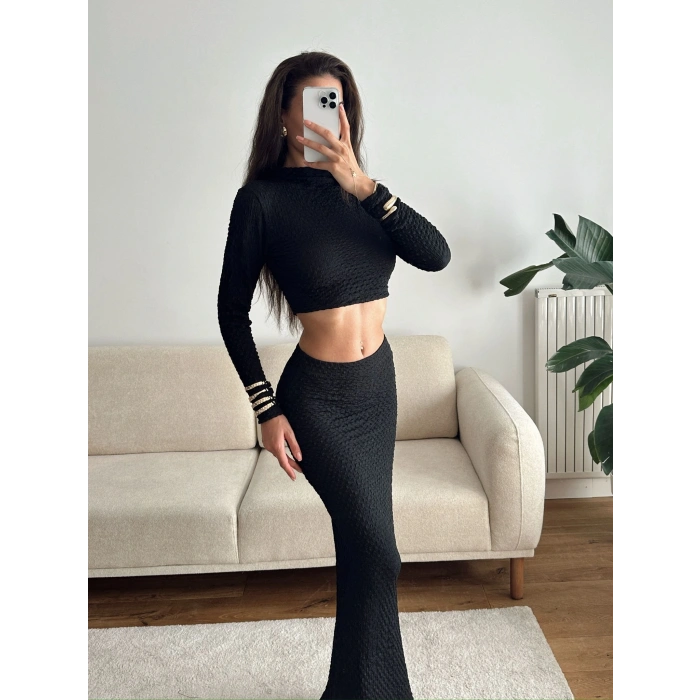 Gofre Crop & Etekli Takım - SİYAH