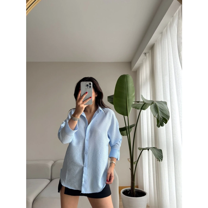 Gofre Kumaş Oversize Gömlek - MAVİ