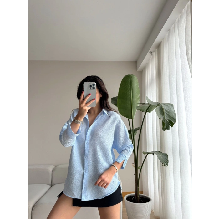 Gofre Kumaş Oversize Gömlek - MAVİ
