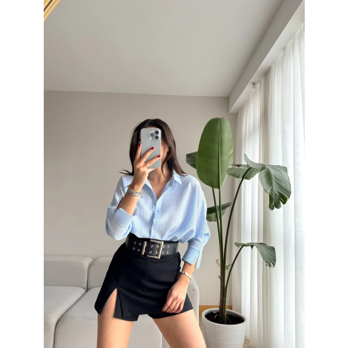 Gofre Kumaş Oversize Gömlek - MAVİ