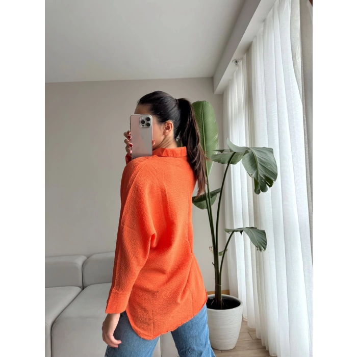 Gofre Kumaş Oversize Gömlek - ŞEFTALİ