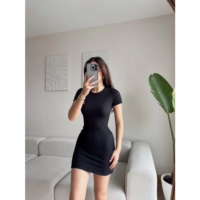 Gofre Mini Basic Elbise - SİYAH