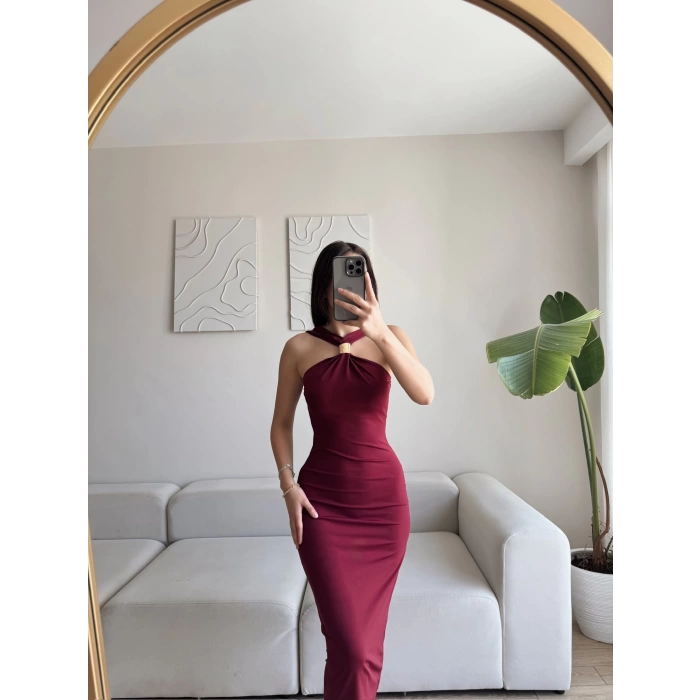 Göğüs Aksesuar Drapeli Elbise - BORDO