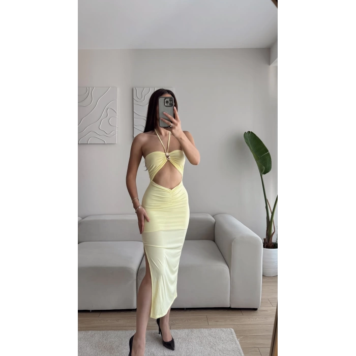 Göğüs Aksesuar Yırtmaçlı Elbise - SARI