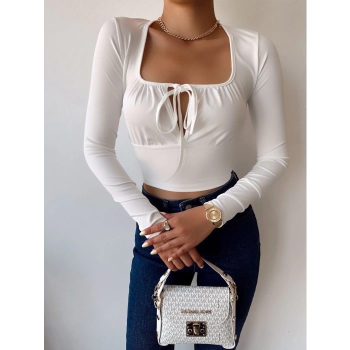 Göğüs Bağlamalı Crop Bluz-BEYAZ